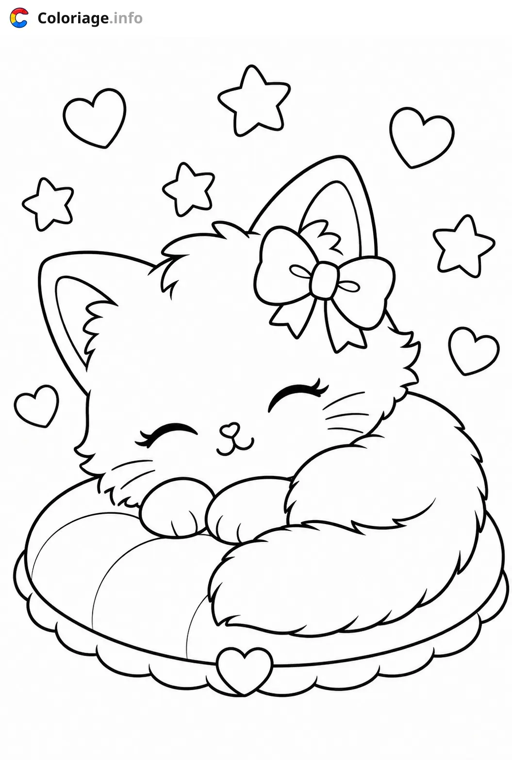 Coloriage Chaton Kawaii endormi sur un nuage - Chaton kawaii à imprimer