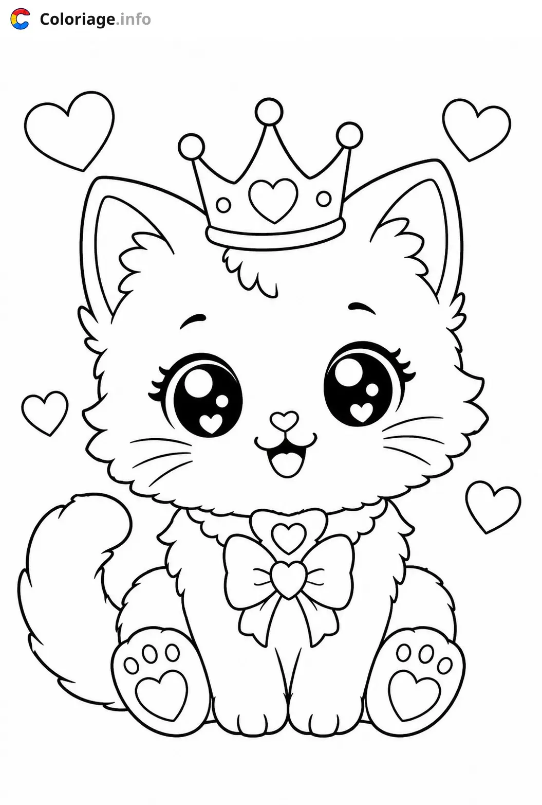 Coloriage Chaton Kawaii princesse avec couronne dorée - Chaton kawaii à imprimer
