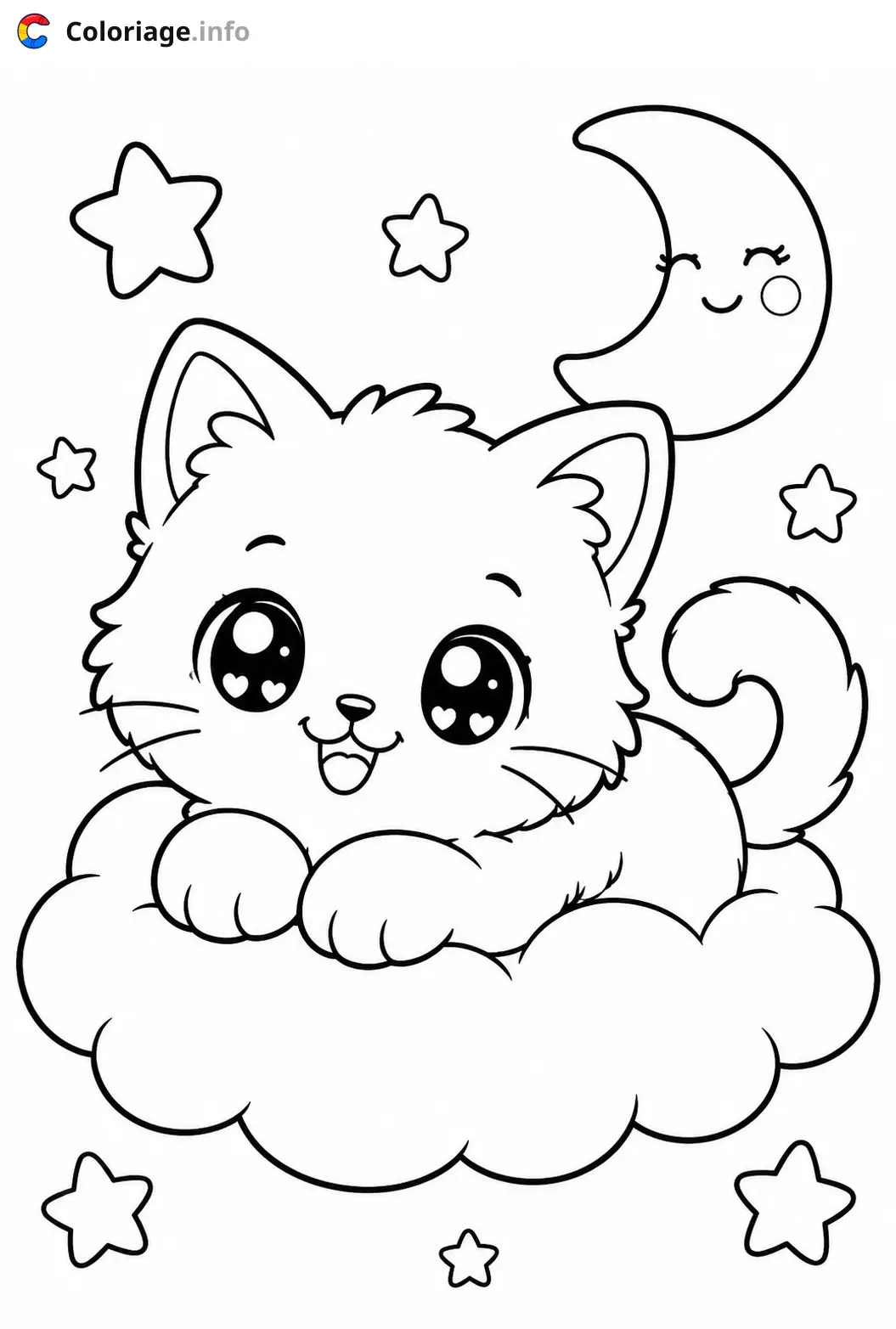 Coloriage Chaton Kawaii sur un nuage - Chaton kawaii à imprimer