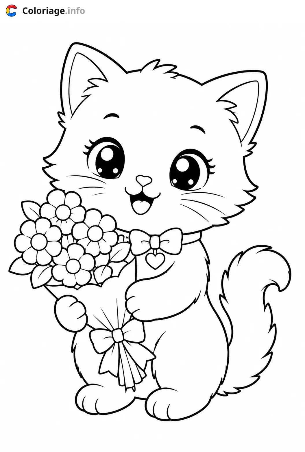 Coloriage Chaton mignon avec des fleurs - Chaton mignon à imprimer