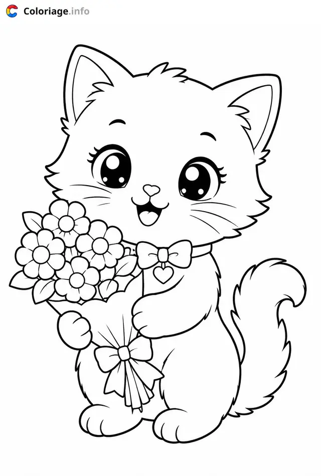Coloriage Chaton mignon avec des fleurs - Chaton mignon à imprimer