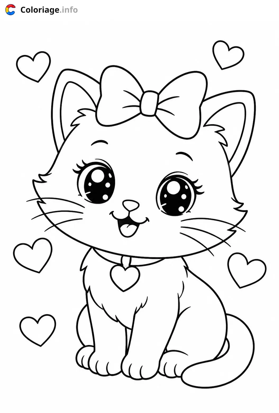 Coloriage Chaton mignon avec nœud rose - Chaton mignon à imprimer