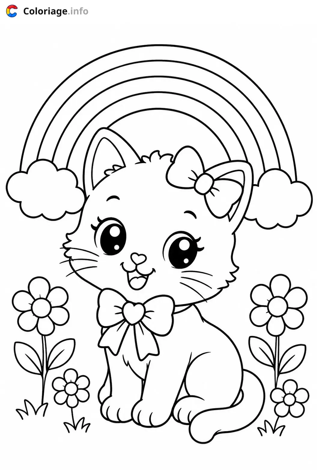 Coloriage Chaton mignon sous l'arc-en-ciel - Chaton mignon à imprimer