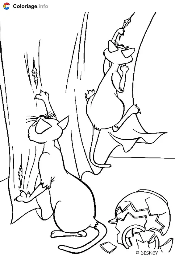 Coloriage Chats déchirent les rideaux - La Belle et le Clochard à imprimer