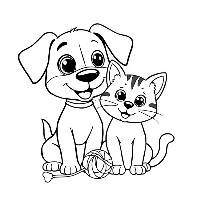 Dog and Cat Playing with a Stuffed Animal coloring page to print