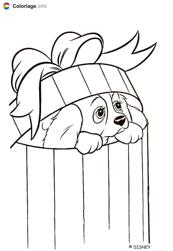 Coloriage Chiot dans un paquet cadeau - La Belle et le Clochard à imprimer