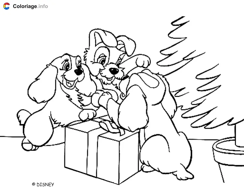 Coloriage Chiots devant le sapin de Noël - La Belle et le Clochard à imprimer