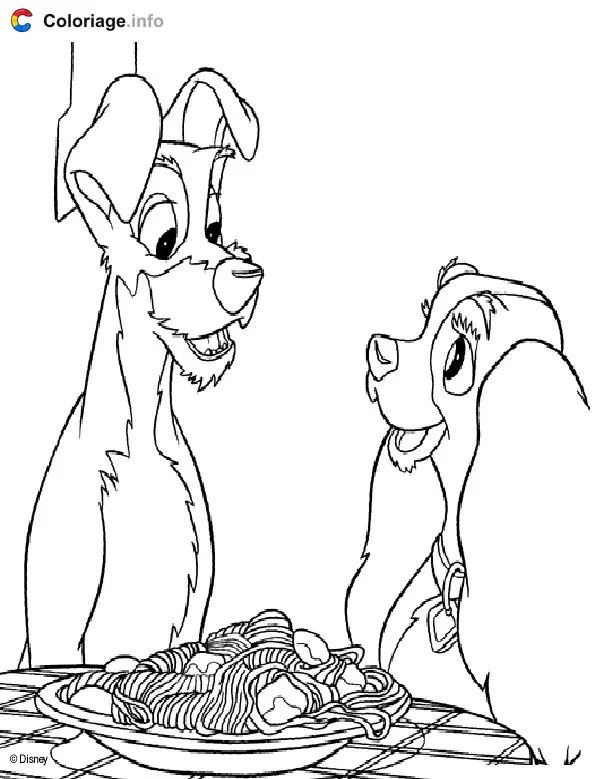 Coloriage Clochard et Lady devant un plat de pâtes - La Belle et le Clochard à imprimer