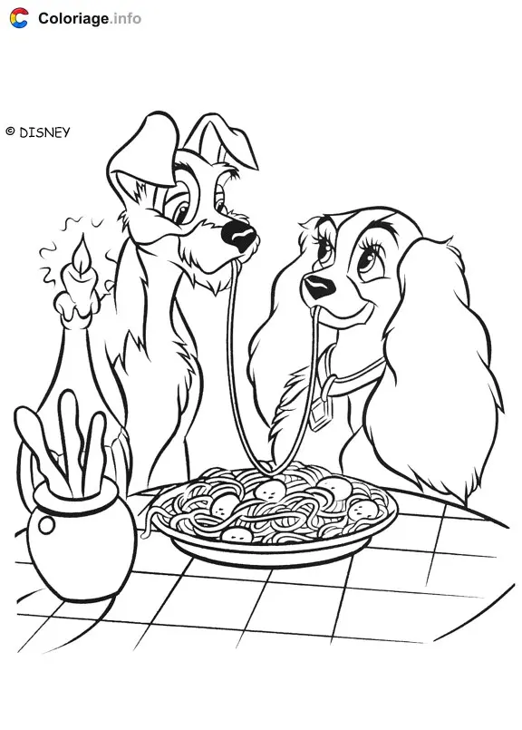 Coloriage Clochard et Lady mangent des pâtes - La Belle et le Clochard à imprimer