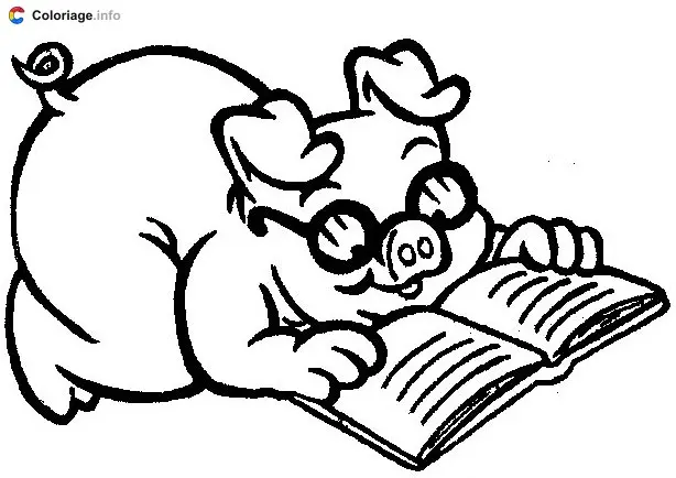Coloriage Cochon qui lit un livre - Cochons à imprimer