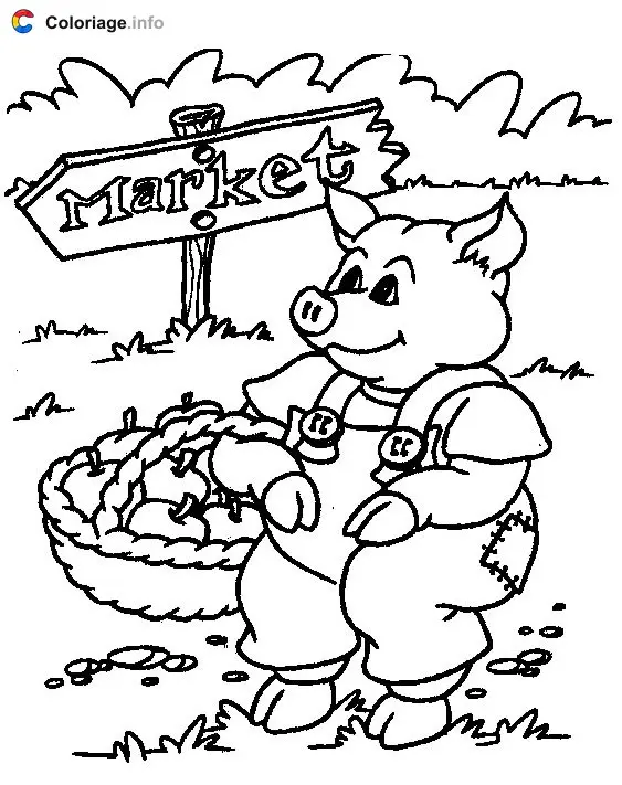 Coloriage Cochon qui va au marché - Cochons à imprimer