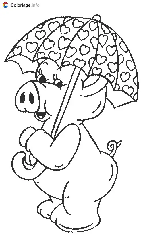 Coloriage Cochon sous un parapluie - Cochons à imprimer