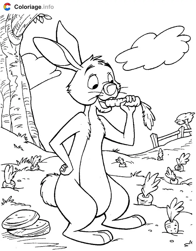 Coloriage Coco Lapin mange une carotte de son potager - Coco Lapin à imprimer