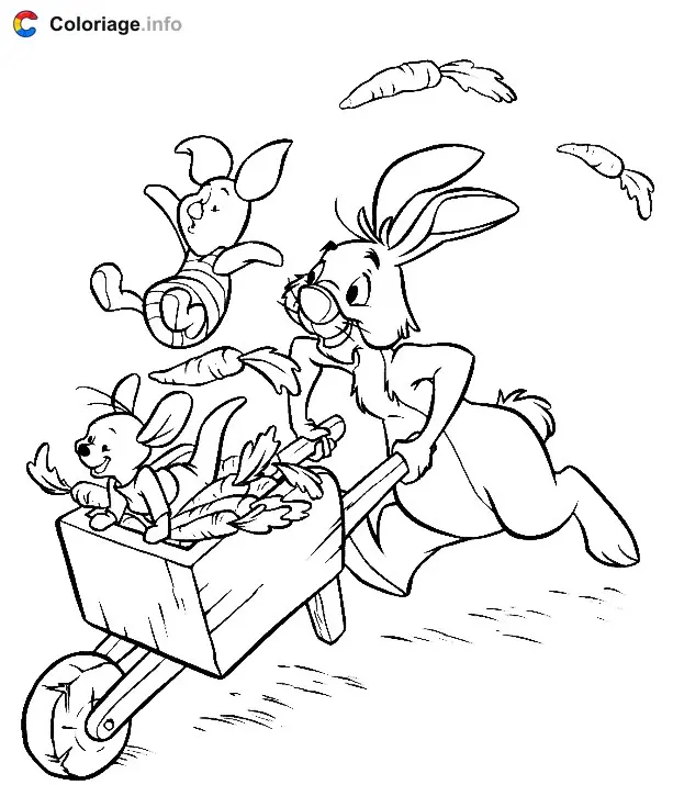 Coloriage Coco Lapin transporte des carottes et ses ami Porcinet et Petit Gourou dans une brouette - Coco Lapin à imprimer