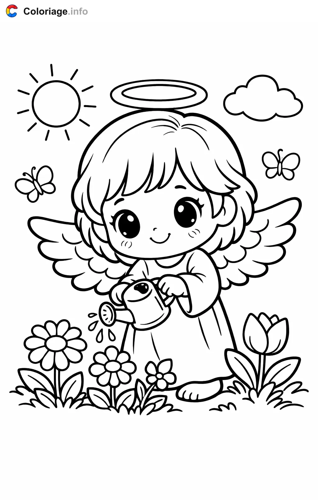 Coloriage Ange qui arrose les fleurs - Ange à imprimer