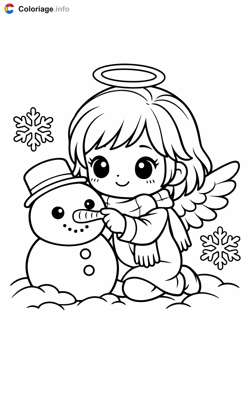 Coloriage Ange qui fait un bonhomme de neige - Ange à imprimer
