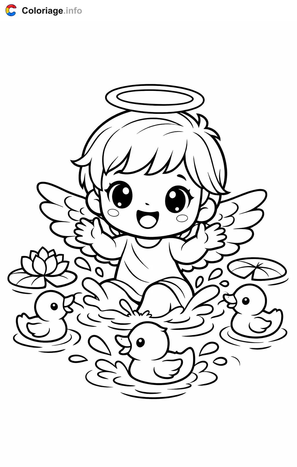Coloriage Ange qui joue avec les canetons - Ange à imprimer