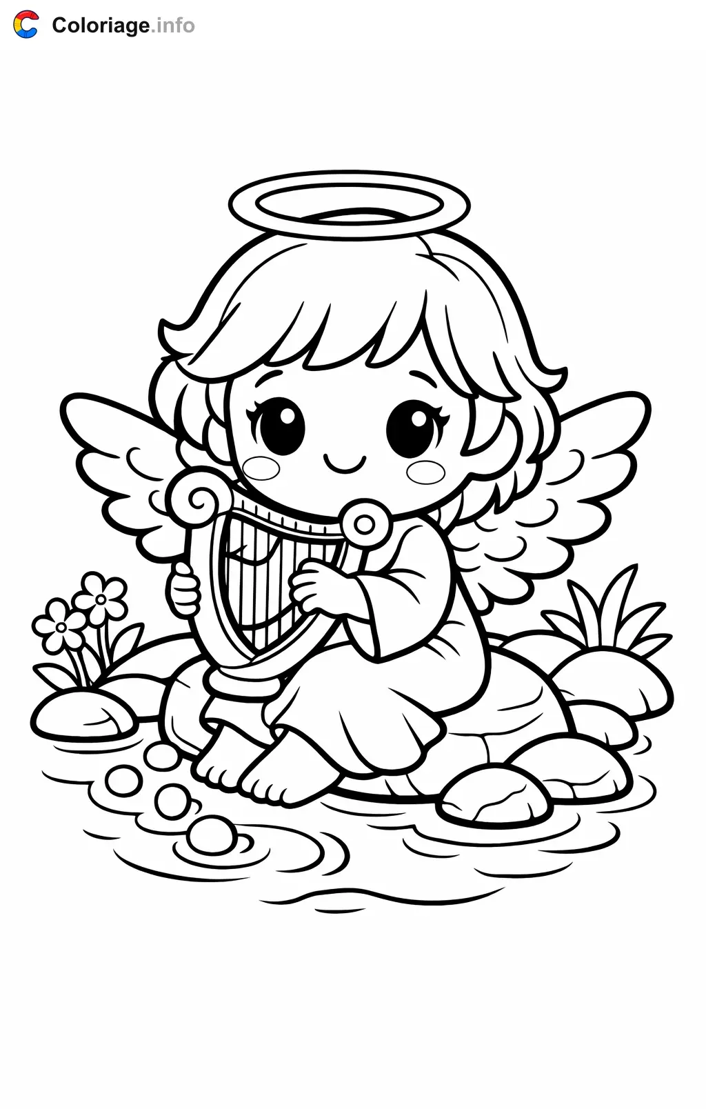 Coloriage Ange qui joue de la harpe - Ange à imprimer