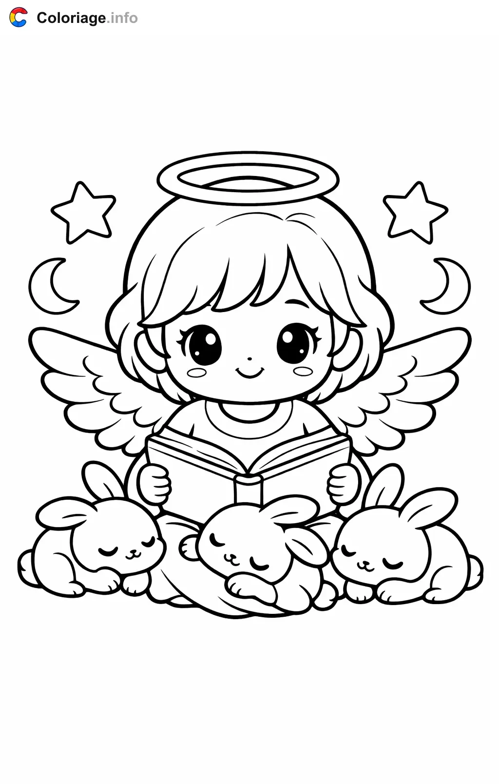 Coloriage Ange qui lit une histoire aux lapins - Ange à imprimer