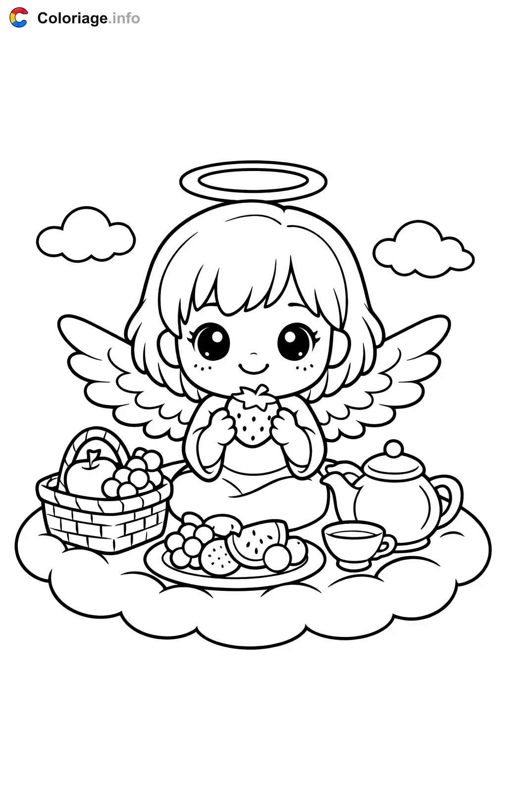 Coloriage Ange qui pique-nique sur un nuage - Ange à imprimer
