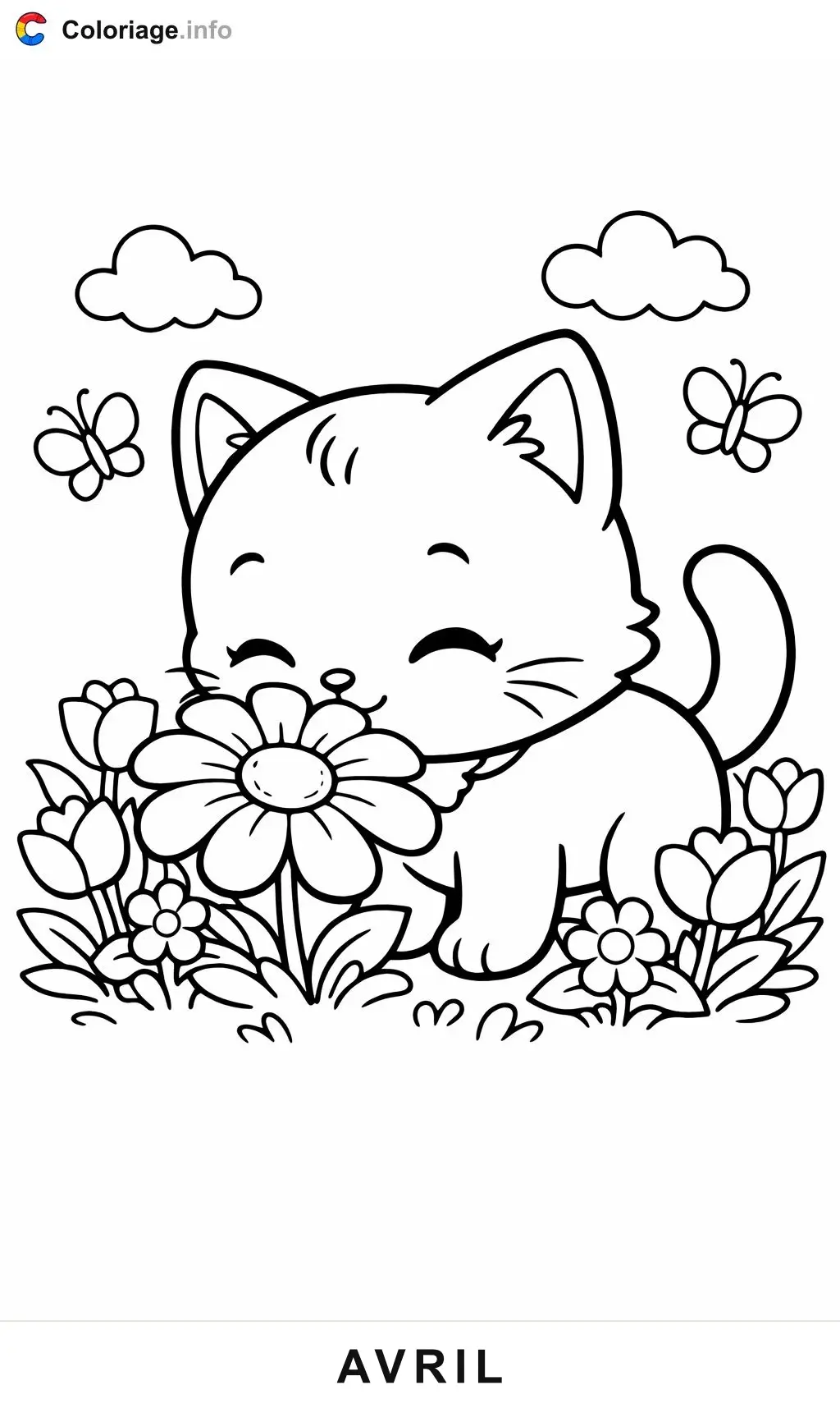 Ausmalbild April das Kätzchen schnuppert an einem Gänseblümchen zum Ausdrucken