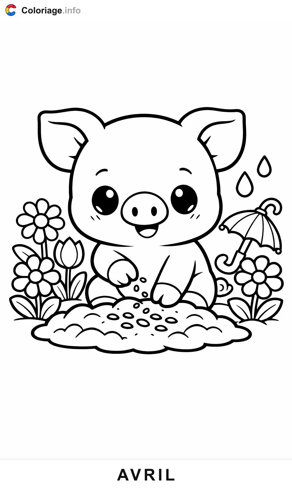 Ausmalbild Schweinchen pflanzt Samen im April zum Ausdrucken