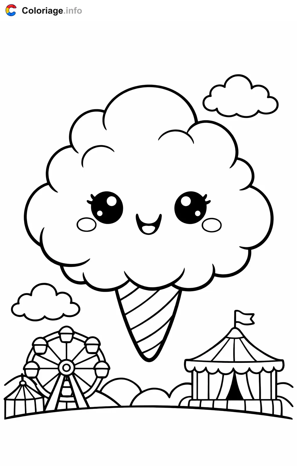 Coloriage Bonbons barbe à papa au-dessus de la fête foraine - Bonbons à imprimer