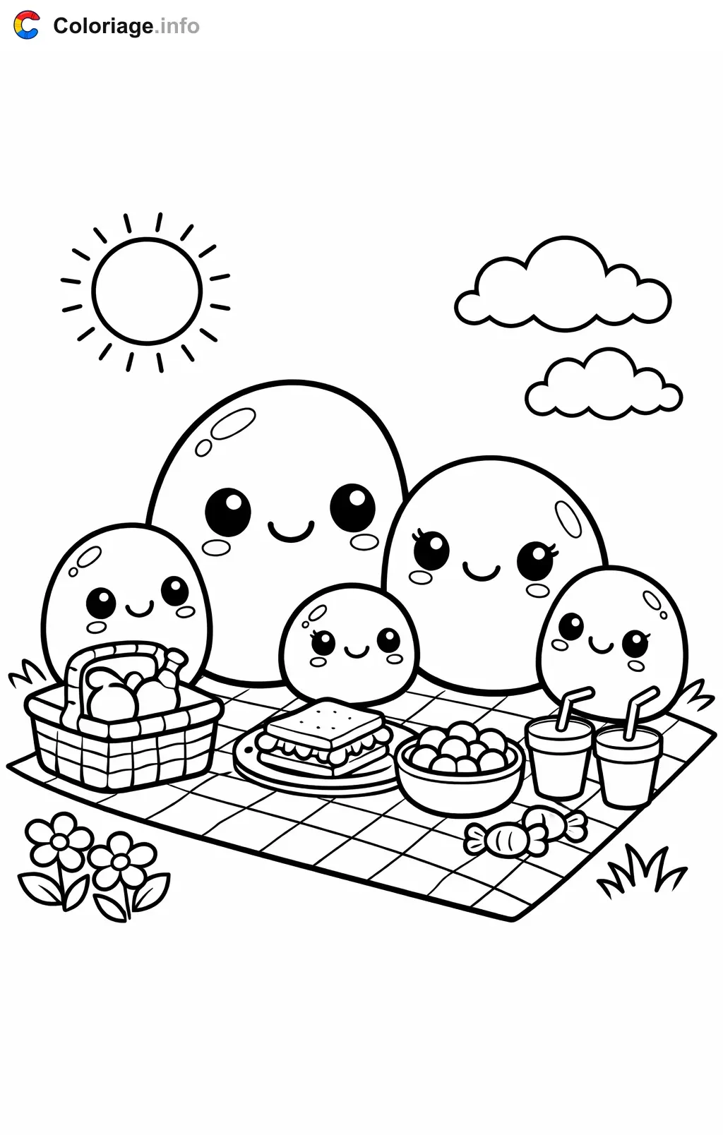 Coloriage Bonbons famille de bonbons haricots en pique-nique - Bonbons à imprimer
