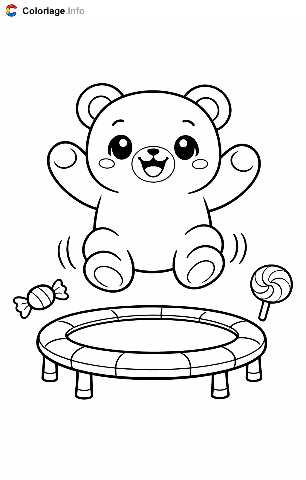 Coloriage Bonbons ours en gomme sur un trampoline - Bonbons à imprimer