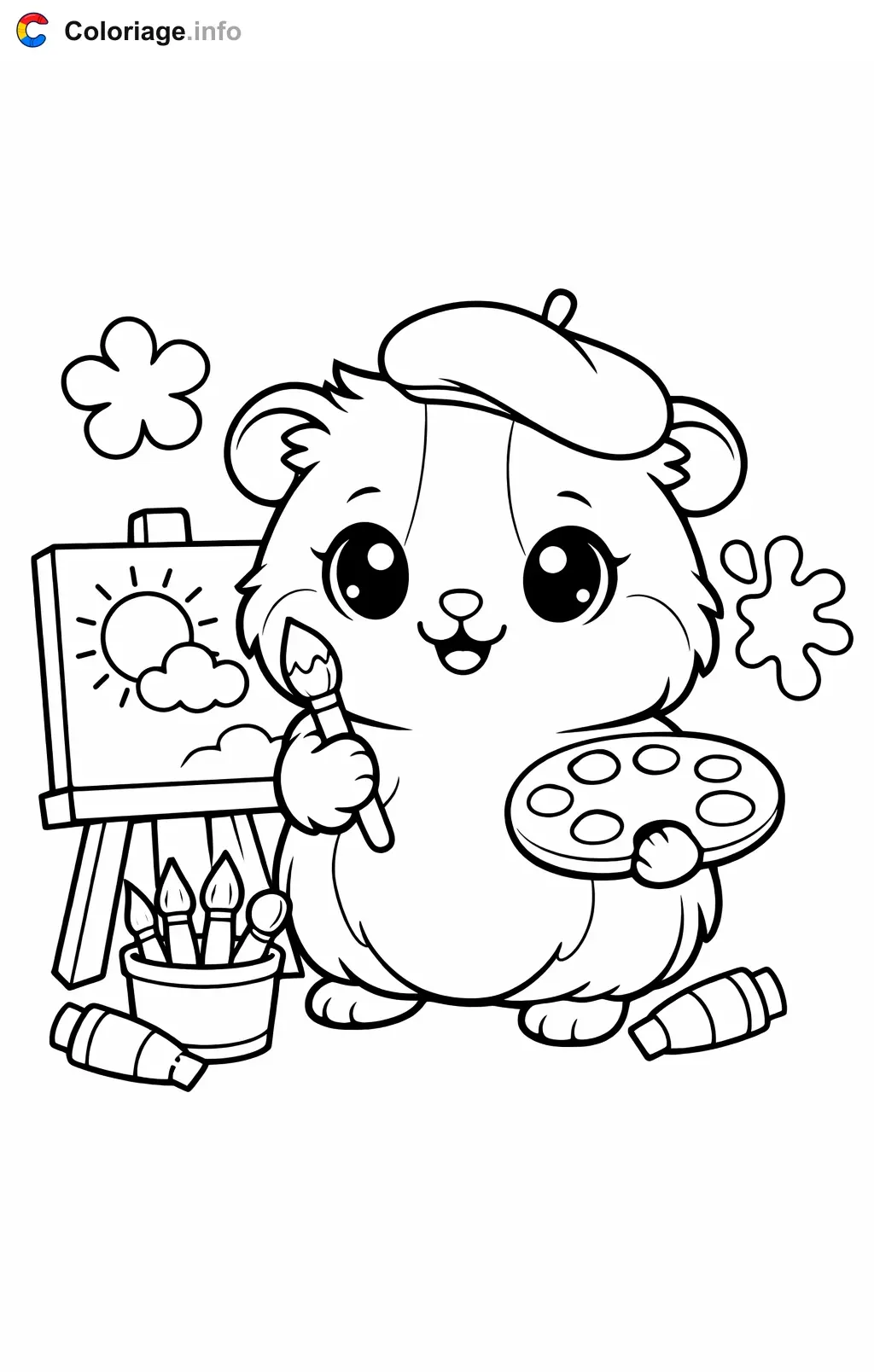 Coloriage Cochon d'Inde artiste qui peint un tableau - Cochon d'Inde à imprimer
