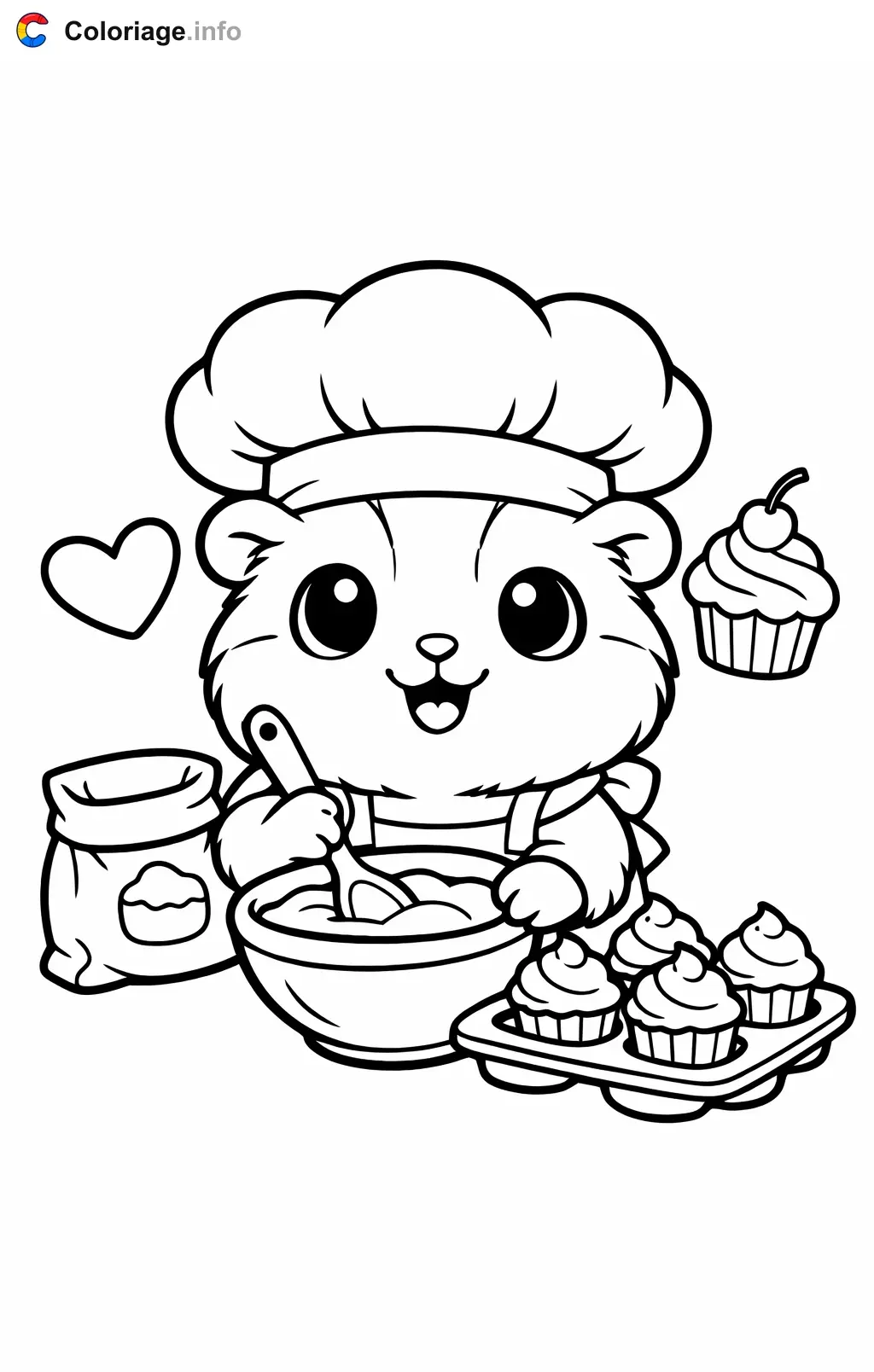 Coloriage Cochon d'Inde pâtissier avec des cupcakes - Cochon d'Inde à imprimer
