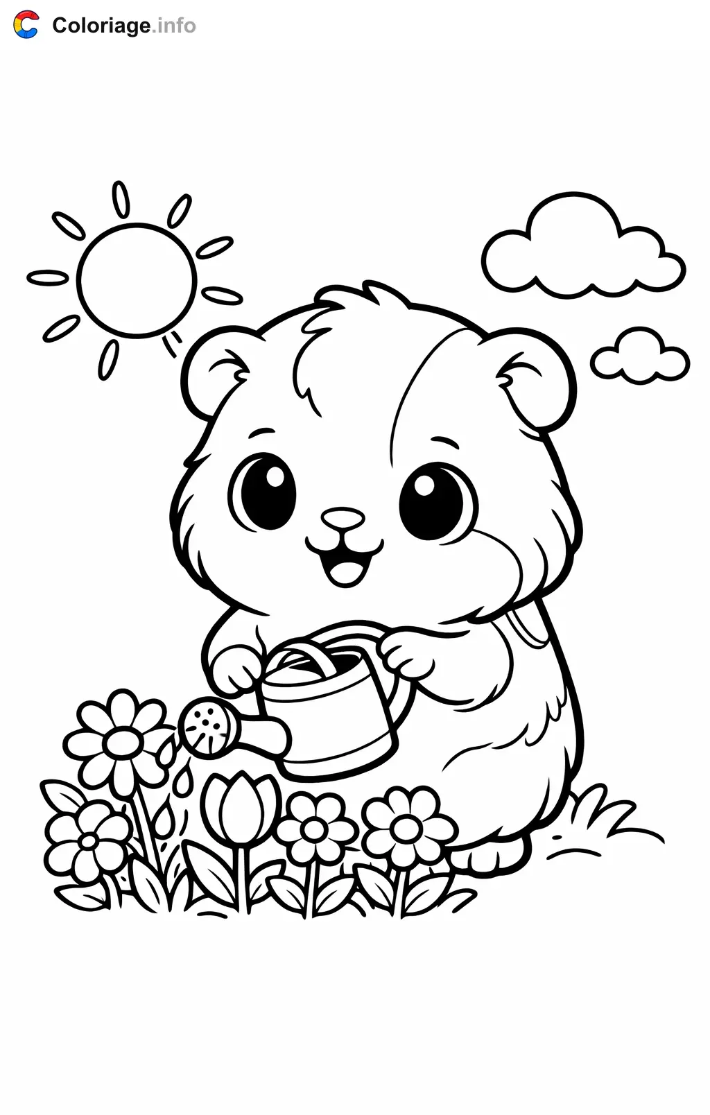Coloriage Cochon d'Inde qui arrose les fleurs - Cochon d'Inde à imprimer