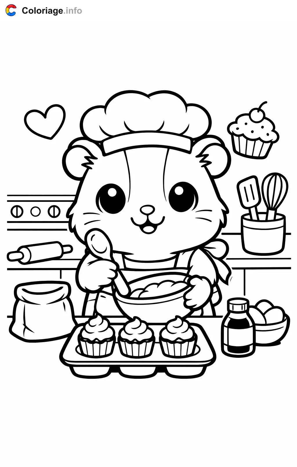Coloriage Cochon d'Inde qui fait des cupcakes - Cochon d'Inde à imprimer