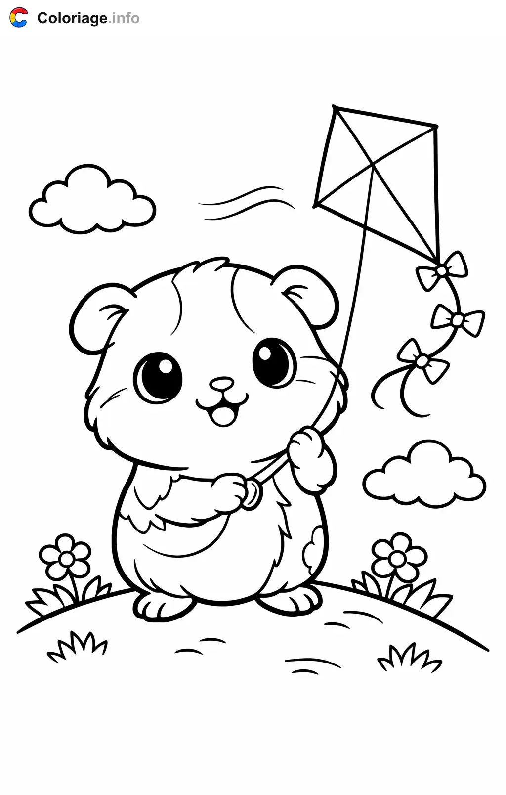 Coloriage Cochon d'Inde qui fait voler un cerf-volant - Cochon d'Inde à imprimer