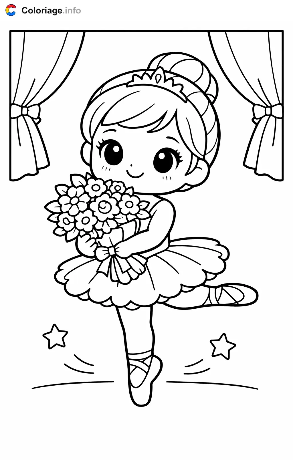 Coloriage Danseuse classique avec un bouquet de fleurs - Danseuse classique à imprimer