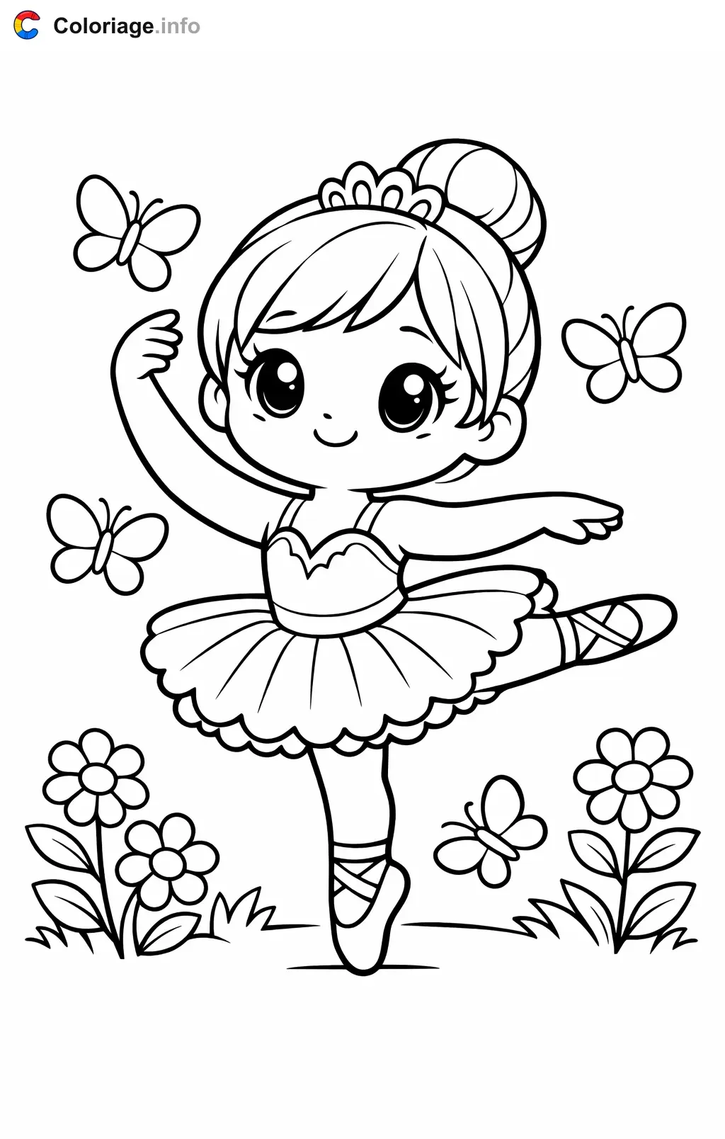 Coloriage Danseuse classique dans un jardin de papillons - Danseuse classique à imprimer