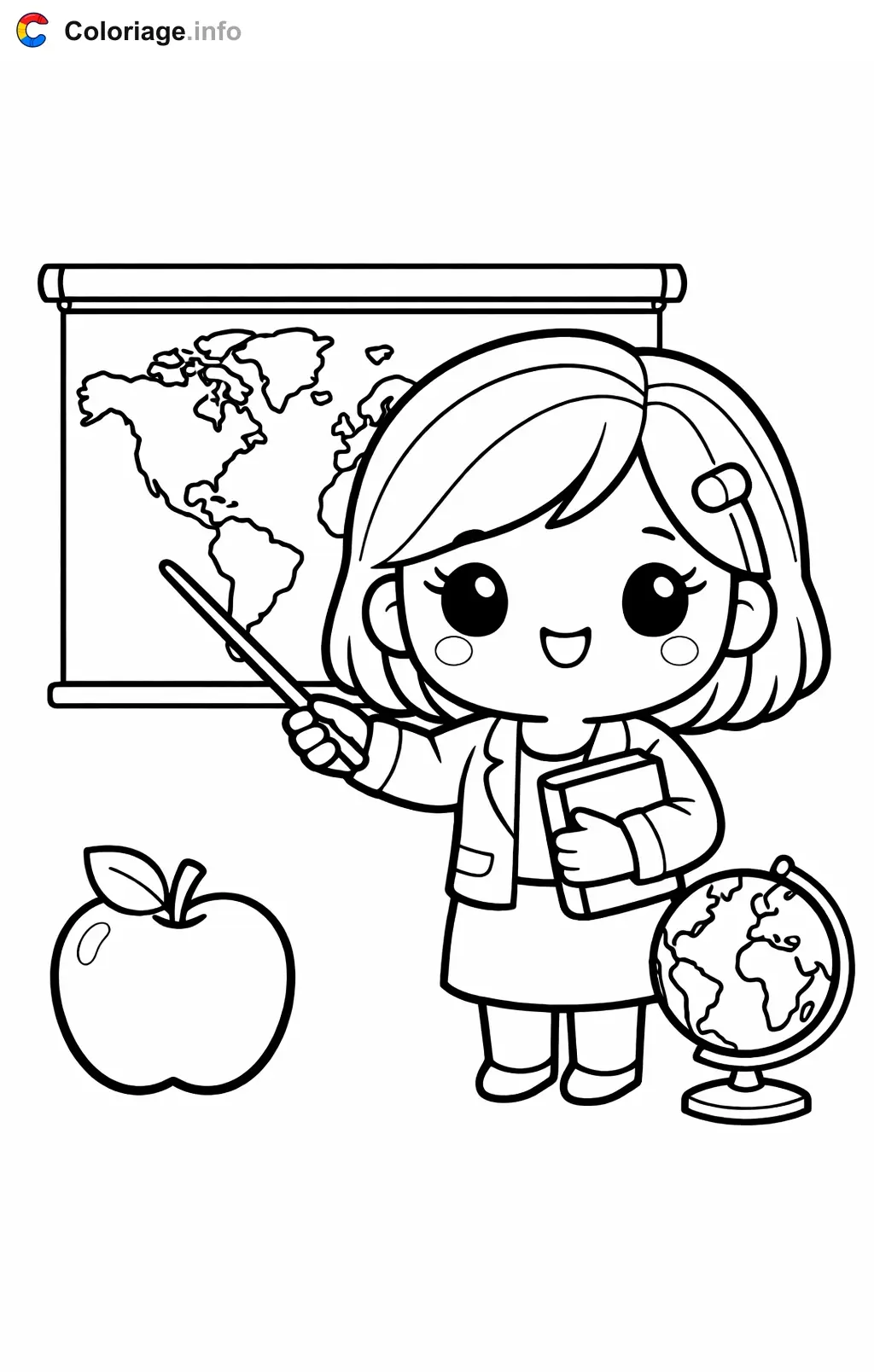 Teacher in Front of the World Map coloring page to print