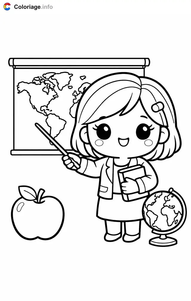 Coloriage Enseignant devant la carte du monde - Carte du monde à imprimer