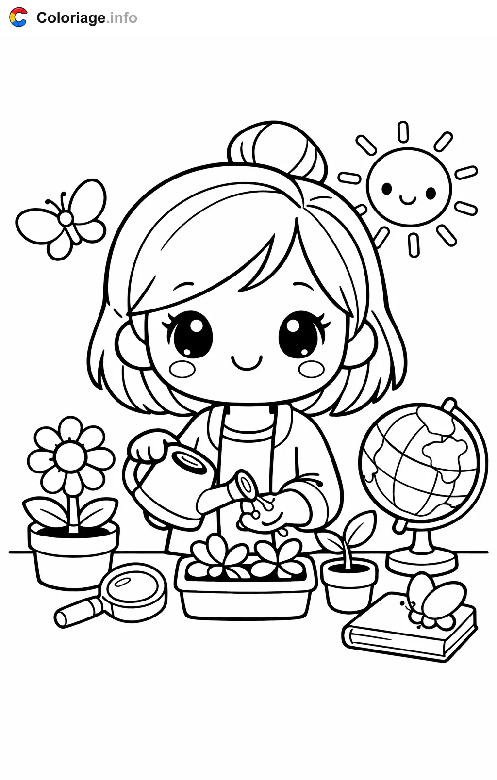 Teacher Watering the Classroom Plants coloring page to print