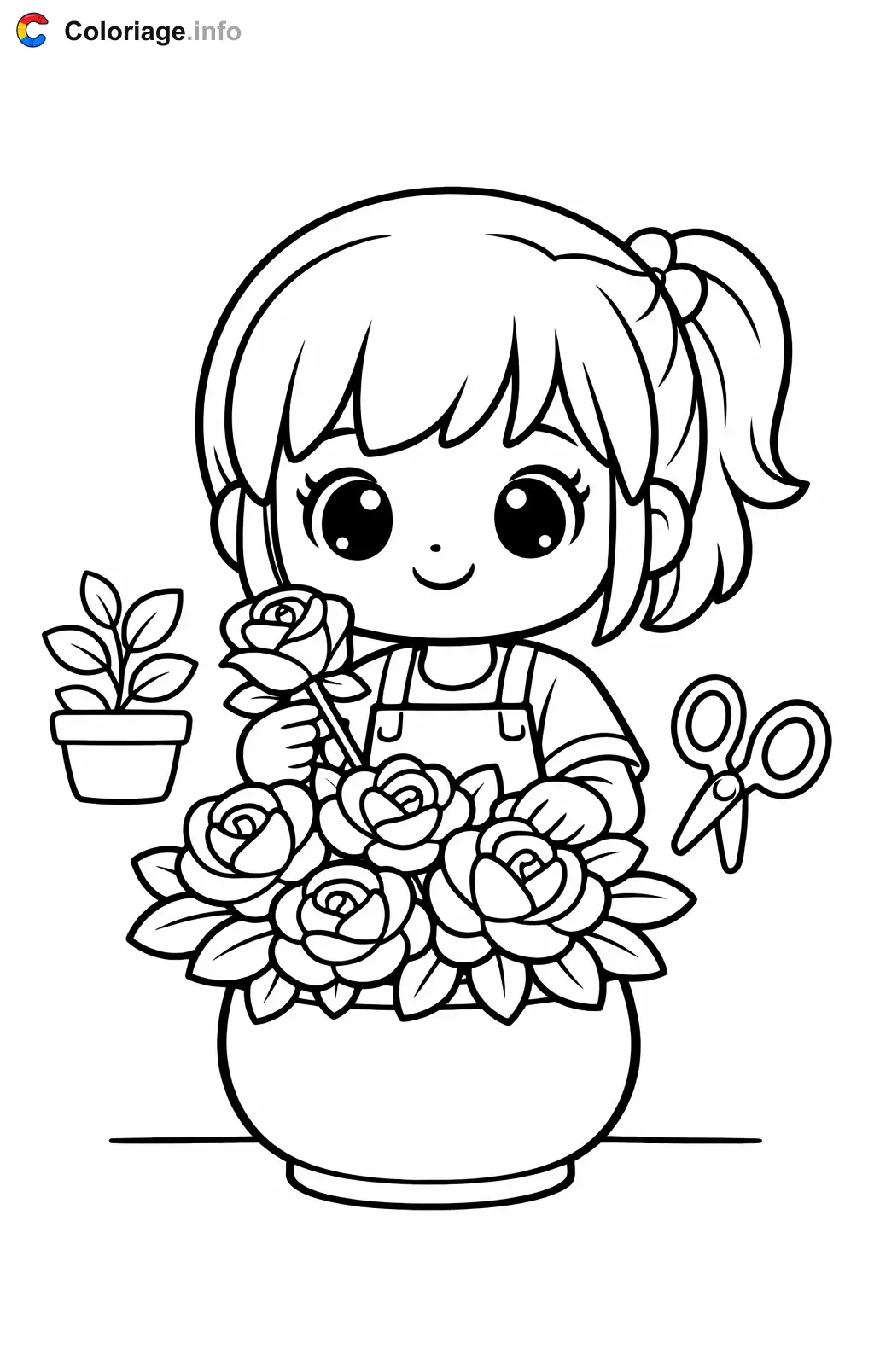 Ausmalbild Blumenhändlerin beim Arrangieren von Rosen zum Ausdrucken