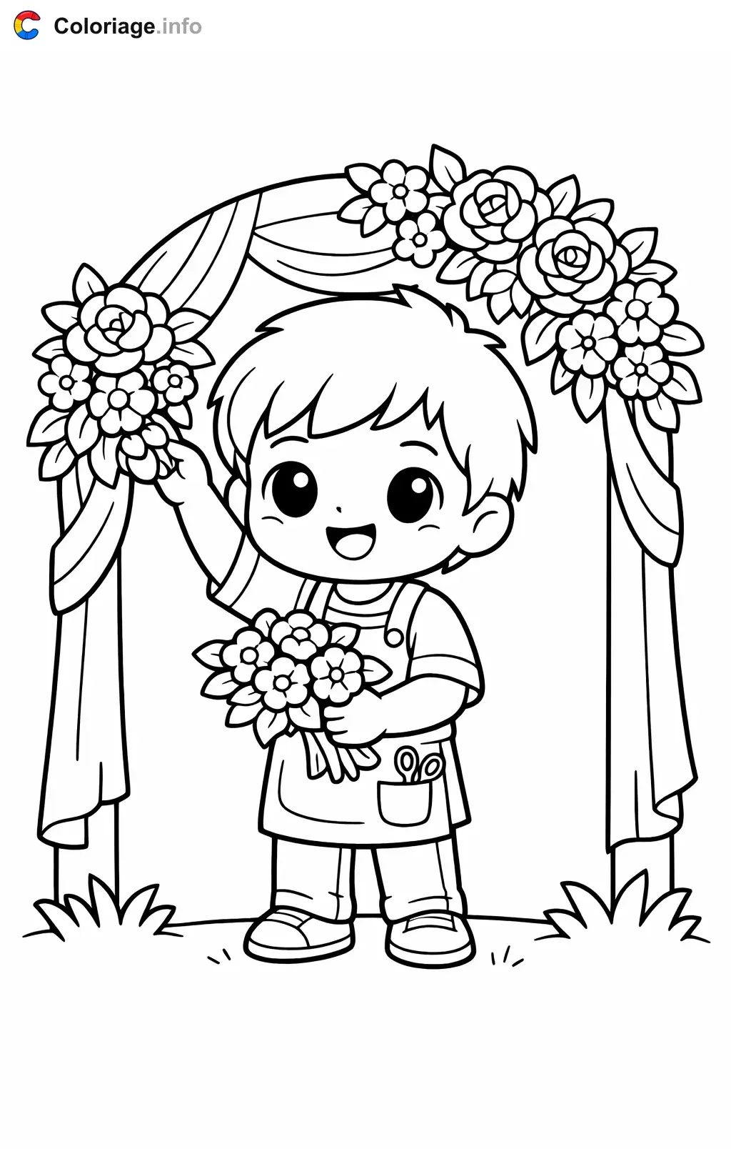 Ausmalbild Floristin schmückt einen Hochzeitsbogen mit Blumen zum Ausdrucken