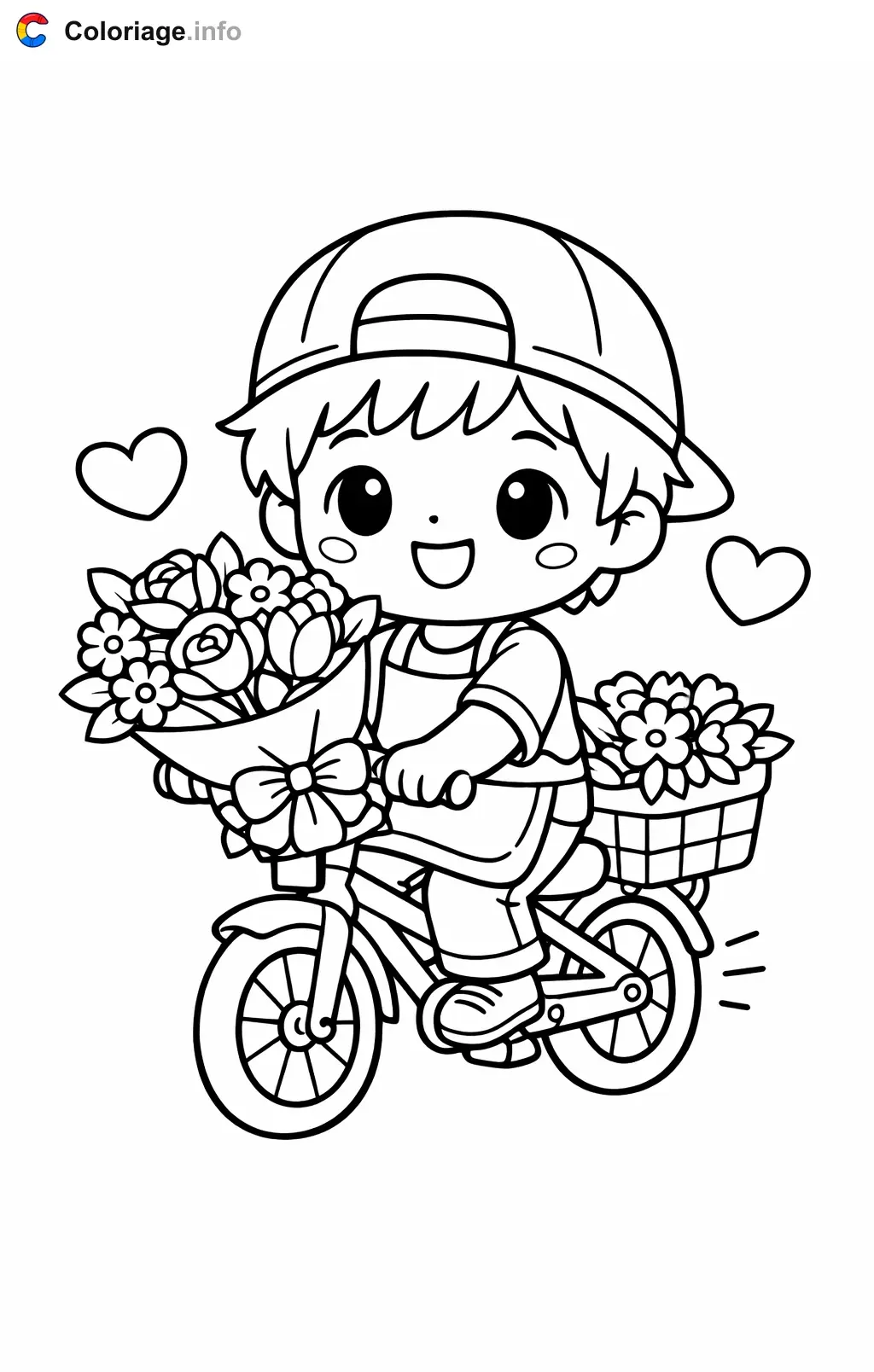 Ausmalbild Floristin liefert Blumen mit dem Fahrrad zum Ausdrucken