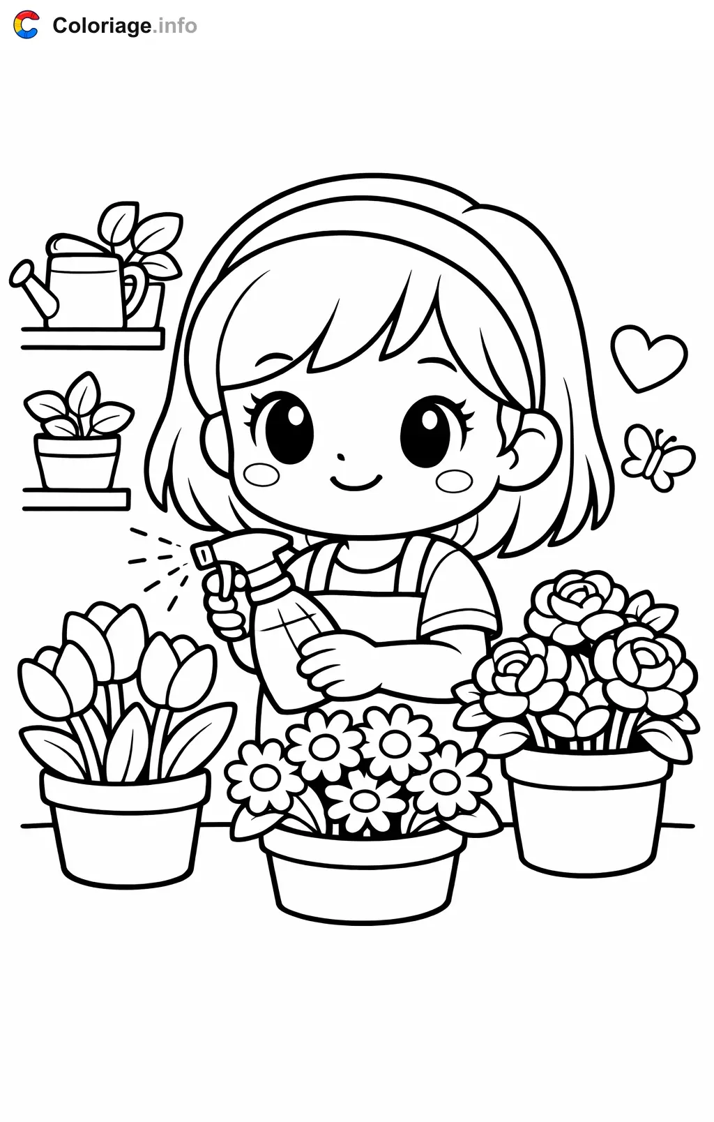 Ausmalbild Floristin beim Blumensprühen zum Ausdrucken