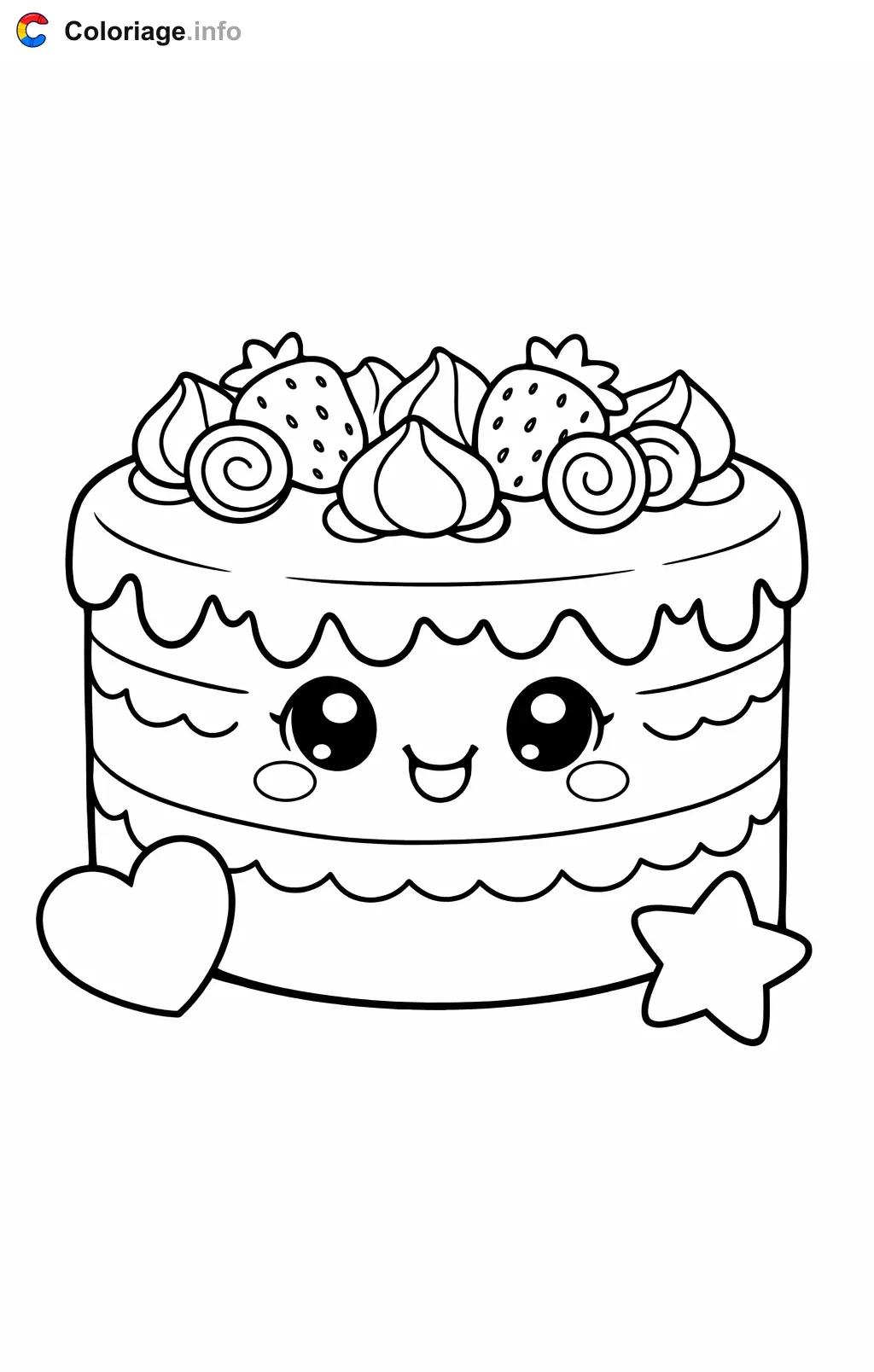 Coloriage Gâteau kawaii souriant avec friandises - Gâteau à imprimer