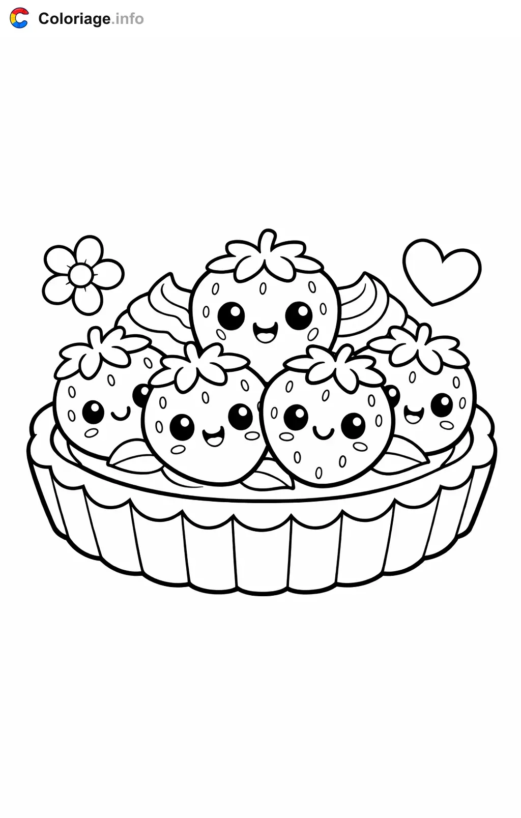 Coloriage Gâteau tarte aux fraises souriante - Gâteau à imprimer
