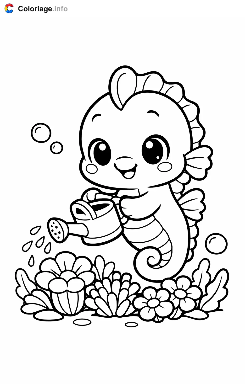 Coloriage Hippocampe qui arrose son jardin - Hippocampe à imprimer