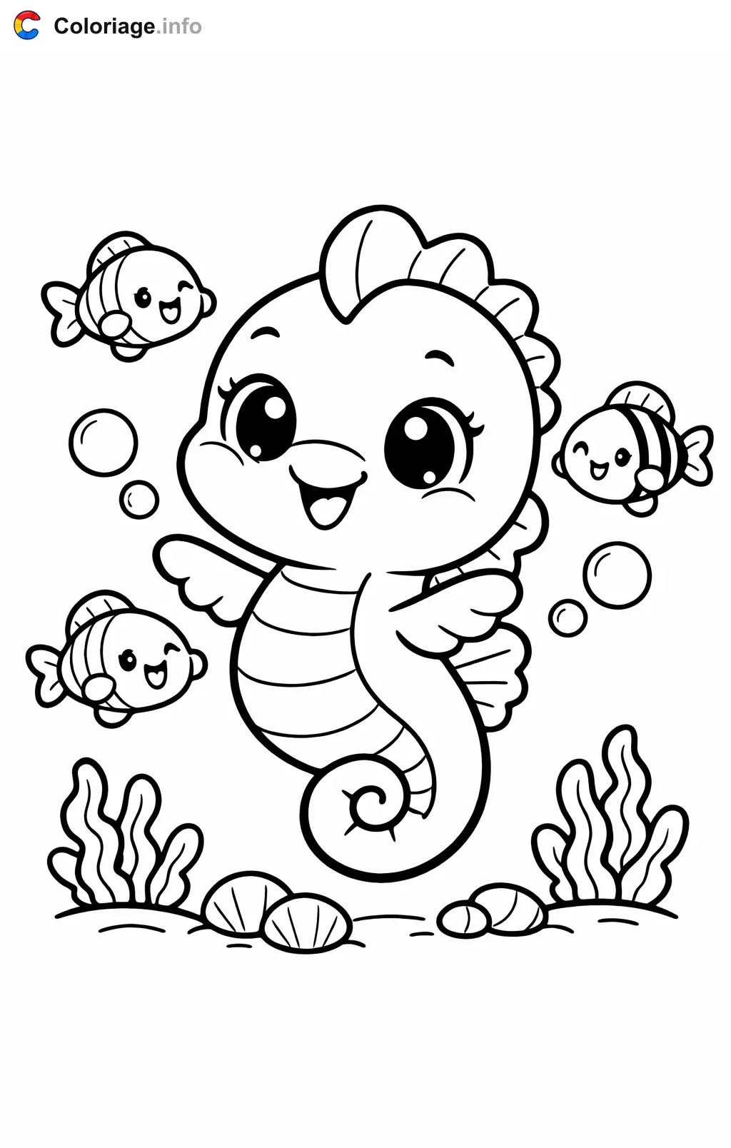 Coloriage Hippocampe qui danse avec des poissons - Hippocampe à imprimer