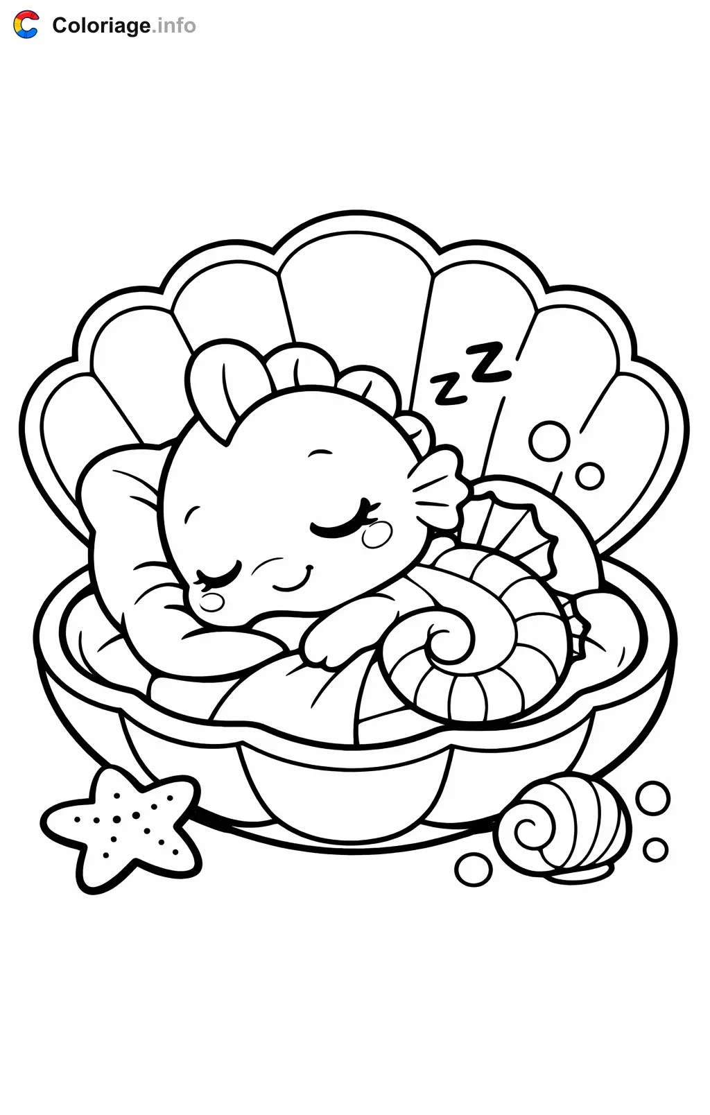 Coloriage Hippocampe qui dort dans un coquillage - Hippocampe à imprimer