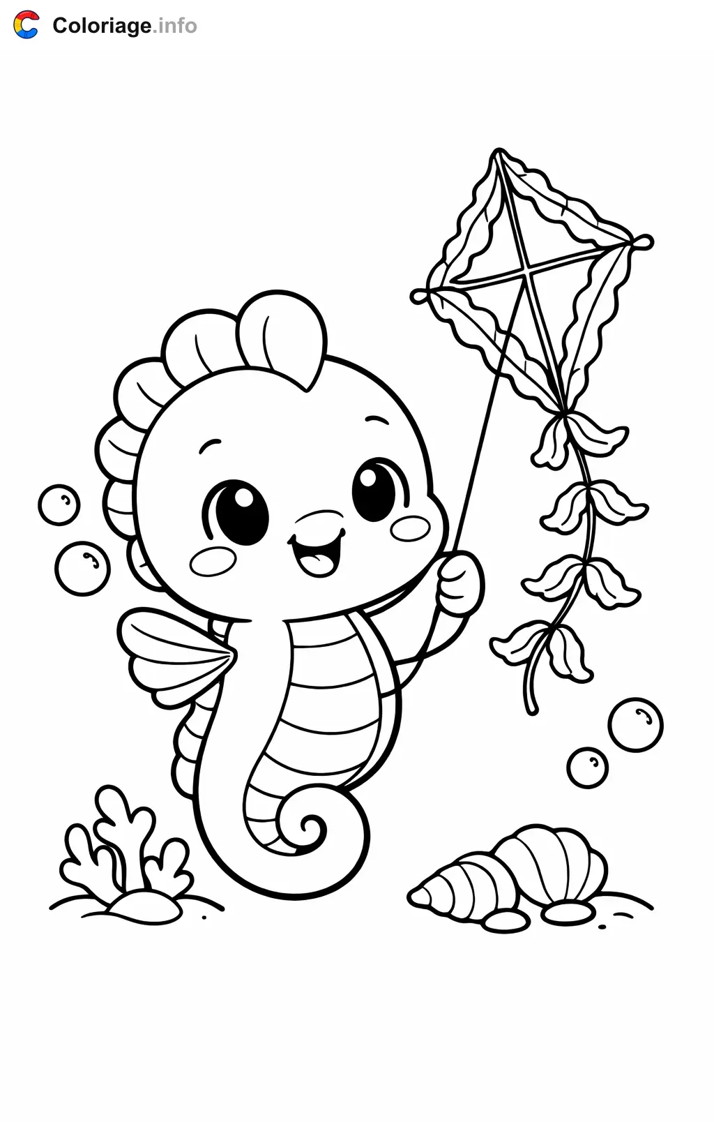 Coloriage Hippocampe qui fait voler un cerf-volant - Hippocampe à imprimer