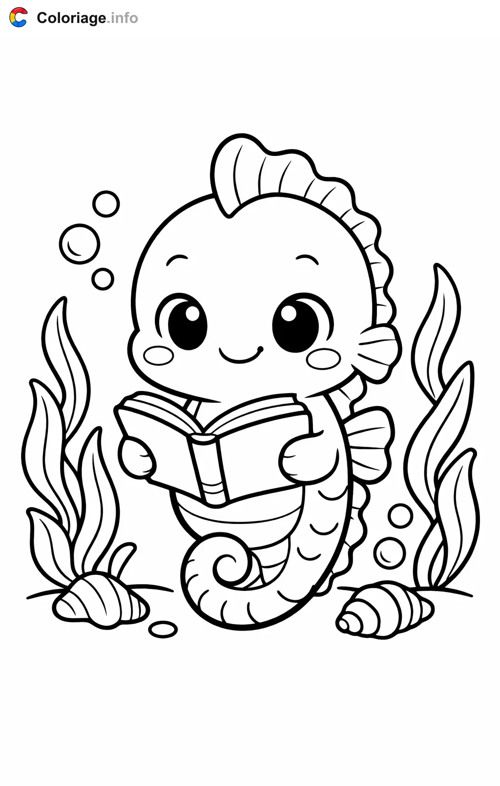 Coloriage Hippocampe qui lit un livre - Hippocampe à imprimer